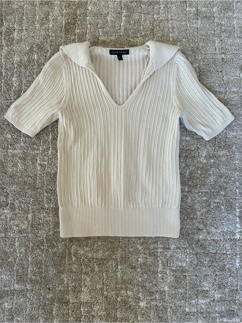 Banana Republic Cream V-Neck Ribbed Short-Sleeve Sweater Sailor Collar Sweater